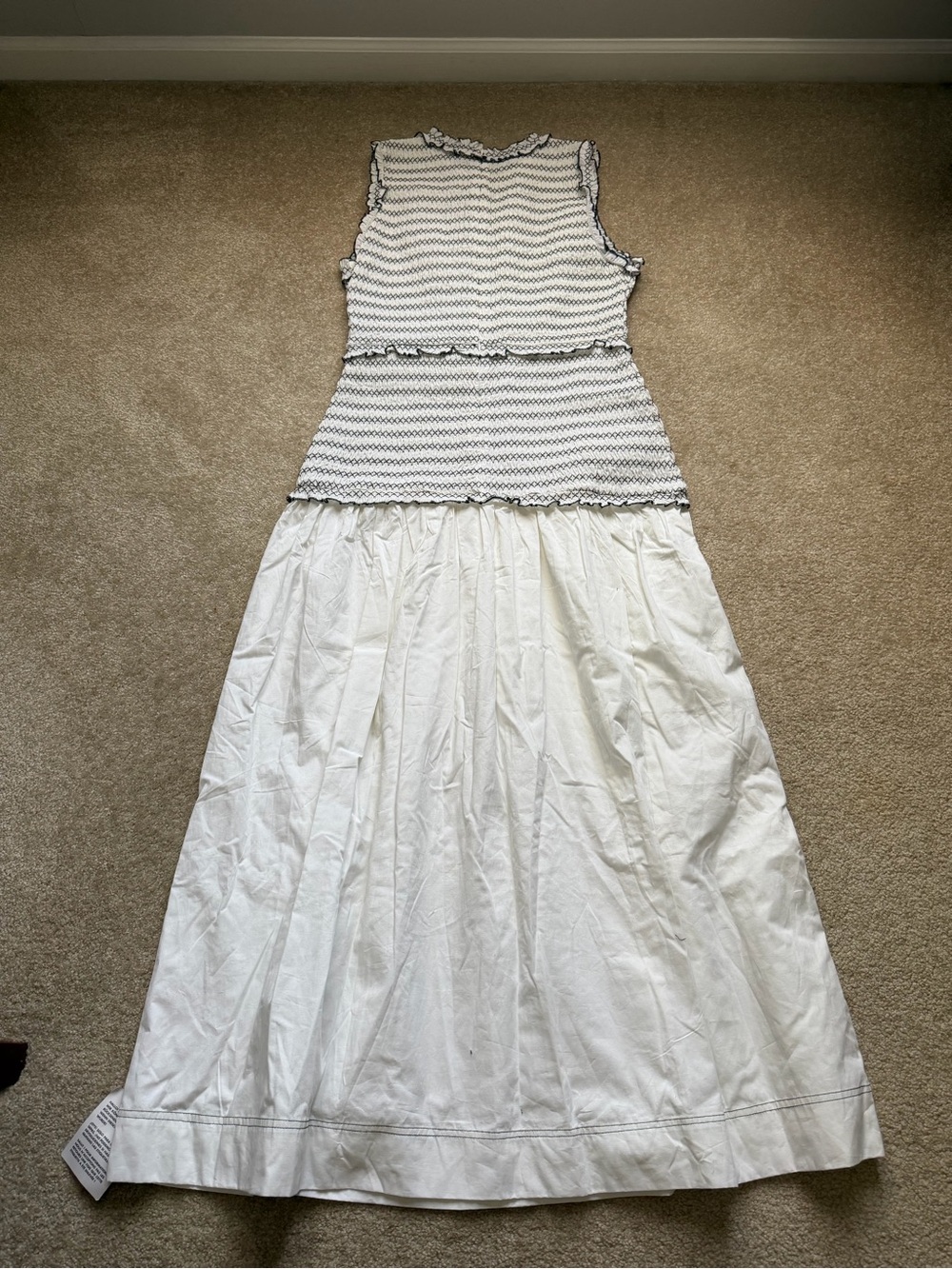 Topshop White Smocked Dress with Subtle Black Stitching Size 12